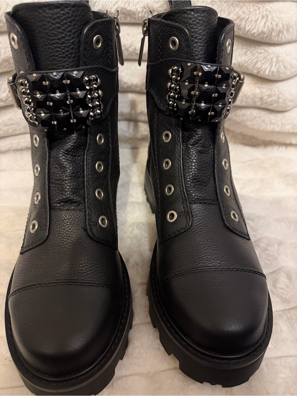 Karl Lagerfeld Black Studded Buckle Combat Boots